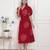 Miravan womens red bandhani printed collar neck  maxi dress