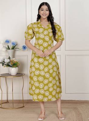   women's yellow printed puff sleeve floral  maxi party dress 3