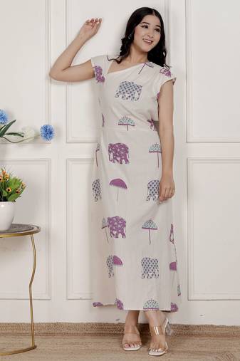 Miravan womens off-white animal printed asymmetric neck a-line maxi dress