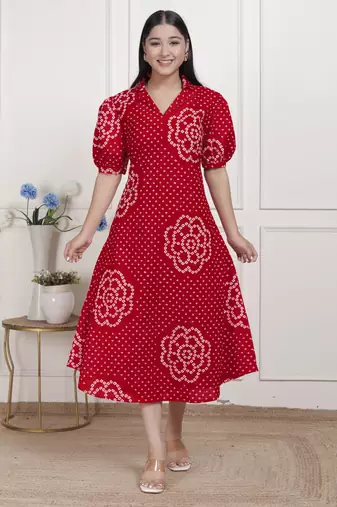   womens red bandhani printed collar neck  maxi dress