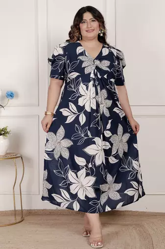   womens plus size blue flower printed puff sleeve pure cotton fit v neck butterfly middi dress