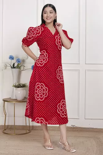   womens red bandhani printed collar neck  maxi dress