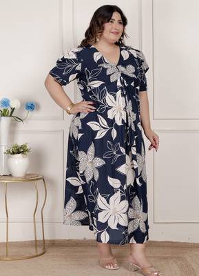   womens plus size blue flower printed puff sleeve pure cotton fit v neck butterfly middi dress 3