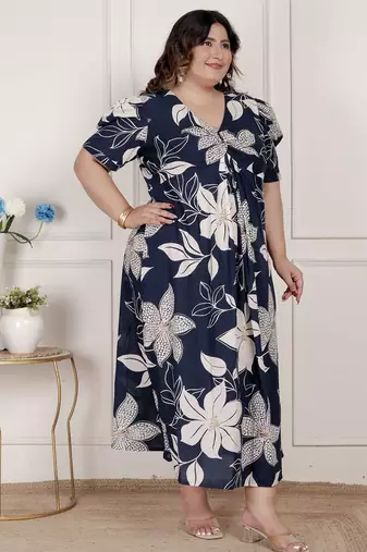  womens plus size blue flower printed puff sleeve pure cotton fit v neck butterfly middi dress