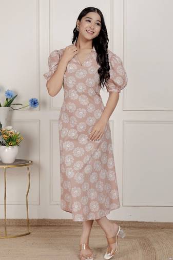 Miravan womens puff sleeve pure cotton printed maxi dress