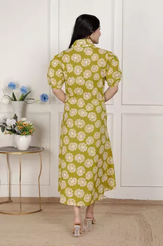   women's yellow printed puff sleeve floral  maxi party dress