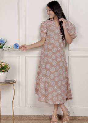   womens puff sleeve pure cotton printed maxi dress 2
