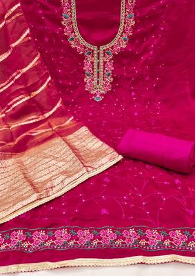 Women's pink thread sequence zari embroidery fandy silk dress material 2