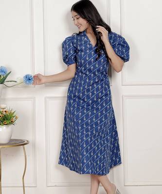   womens floral print collar-neck puff sleeves a-line maxi dress 3