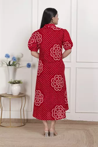   womens red bandhani printed collar neck  maxi dress