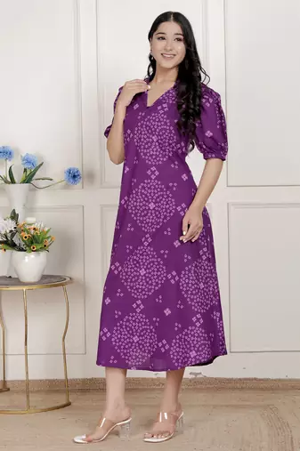  womens purple bandhni printed a-line maxi dress