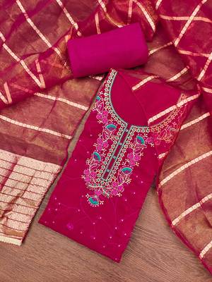 Women's pink thread sequence zari embroidery fandy silk dress material 3