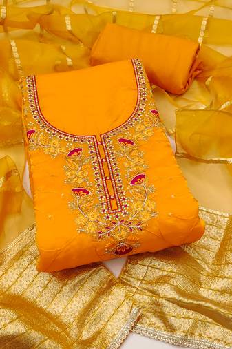 Women's yellow unstitched thread sequence zari embroidery fandy silk dress material (msmfc11582b)