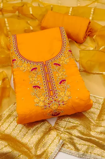 Women's yellow unstitched thread sequence zari embroidery fandy silk dress material (msmfc11582b)