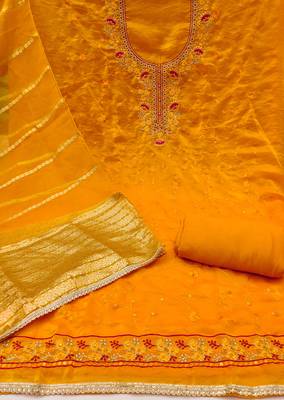 Women's yellow thread sequence zari embroidery fandy silk dress material 2