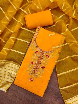 Women's yellow thread sequence zari embroidery fandy silk dress material 3