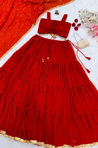 Vibrant Red Solid Pure Georgette Lehenga with Huge Flair and Canvas Patta | Ethnic Tiered Style | With Blouse