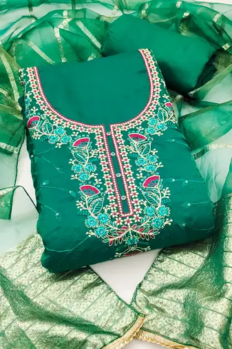 Women's sea green unstitched thread sequence zari embroidery fandy silk dress material (msmfc11582c)