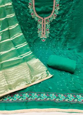 Women's sea green thread sequence zari embroidery fandy silk dress material 2
