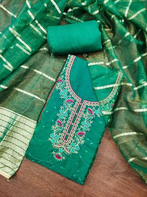 Women's sea green thread sequence zari embroidery fandy silk dress material 3