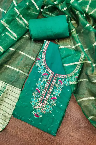 Women's sea green thread sequence zari embroidery fandy silk dress material