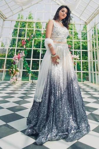 Grey Silver Shaded Georgette Silk Lehenga with Heavy Sequins Work | Designer Party Wear Lehenga Choli with Blouse