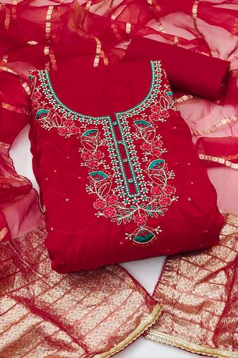 Women's maroon unstitched thread sequence zari embroidery fandy silk dress material (msmfc11582d)