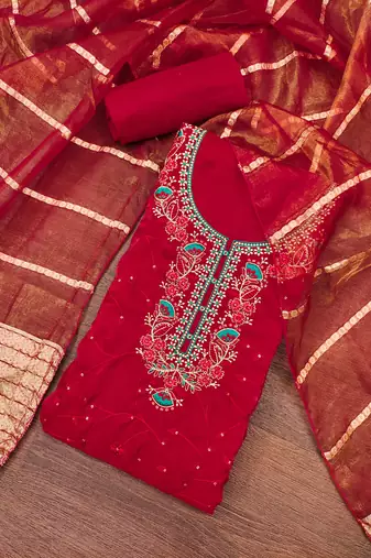 Women's maroon thread sequence zari embroidery fandy silk dress material