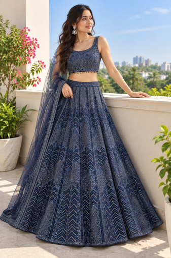 Navy Blue Net Lehenga with Heavy Sequins and Dori Party