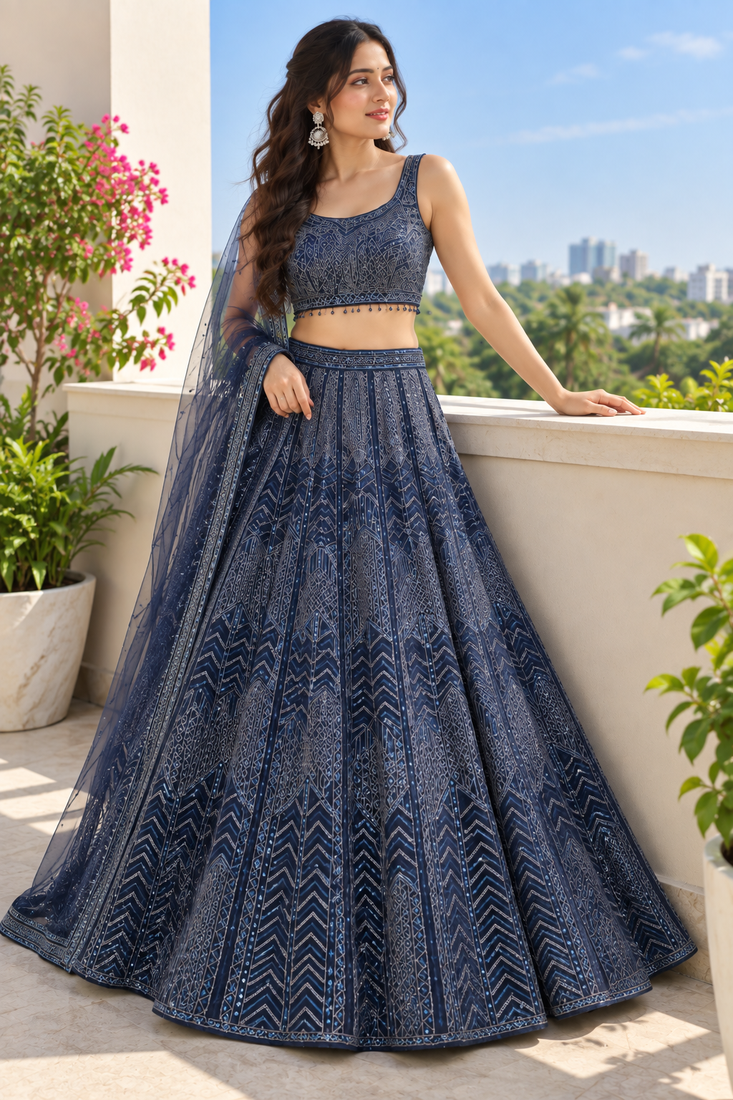 Navy Blue Net Lehenga with Heavy Sequins and Dori Party