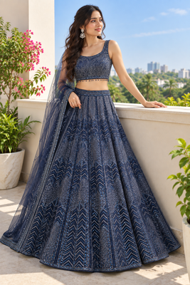 Navy Blue Net Lehenga with Heavy Sequins and Dori Party 1