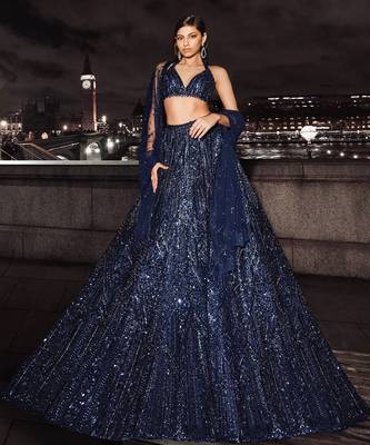 Navy Blue Net Lehenga with Heavy Sequins and Dori Work | Designer Party Wear Wedding Lehenga Choli with Blouse 1