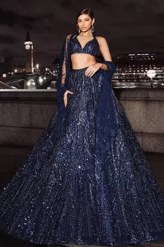 Navy Blue Net Lehenga with Heavy Sequins and Dori Work | Designer Party Wear Wedding Lehenga Choli with Blouse