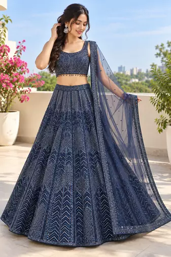 Navy Blue Net Lehenga with Heavy Sequins and Dori Party