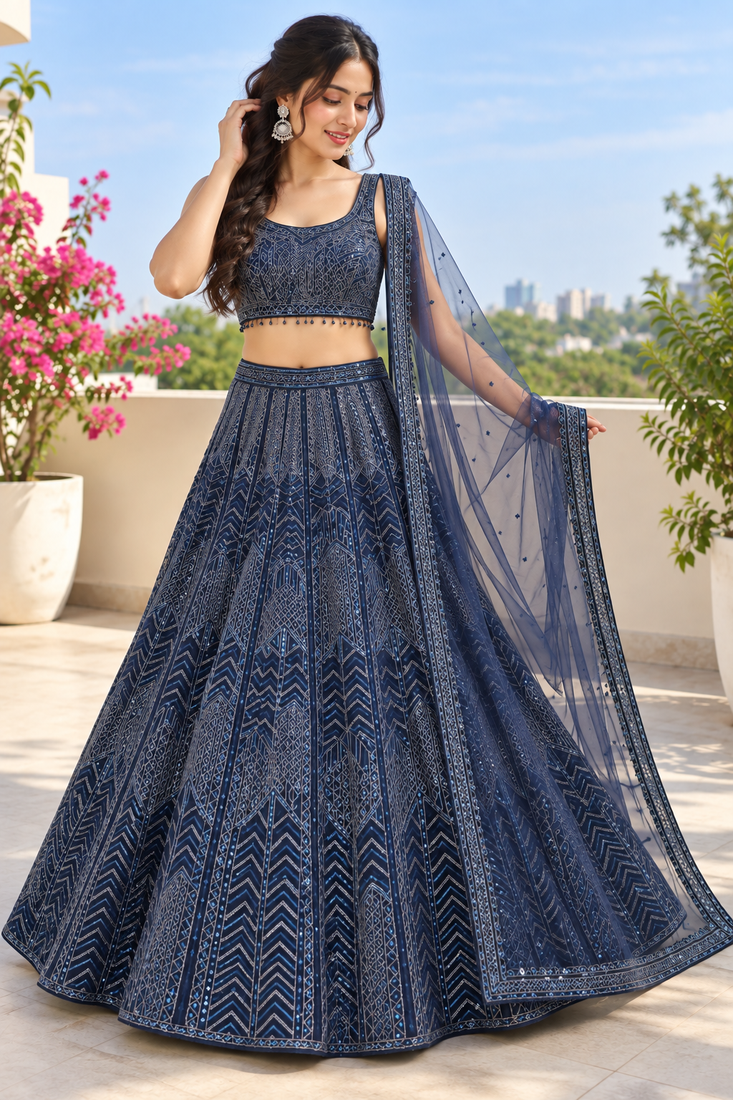 Navy Blue Net Lehenga with Heavy Sequins and Dori Party
