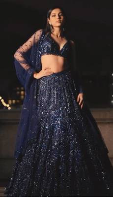 Navy Blue Net Lehenga with Heavy Sequins and Dori Work | Designer Party Wear Wedding Lehenga Choli with Blouse 3