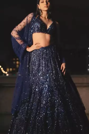 Navy Blue Net Lehenga with Heavy Sequins and Dori Work | Designer Party Wear Wedding Lehenga Choli with Blouse