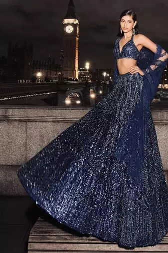 Navy Blue Net Lehenga with Heavy Sequins and Dori Work | Designer Party Wear Wedding Lehenga Choli with Blouse