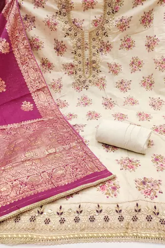 Women's off white weaving digital print handwork mal chanderi dress material