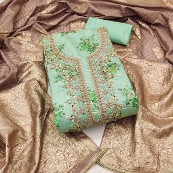 Women's light green weaving digital print handwork mal chanderi dress material 1