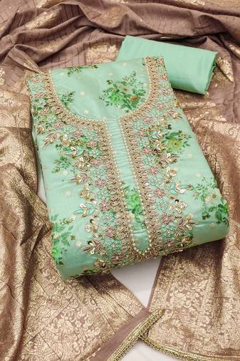 Women's light green unstitched weaving digital print handwork mal chanderi dress material (msmfc11583b)