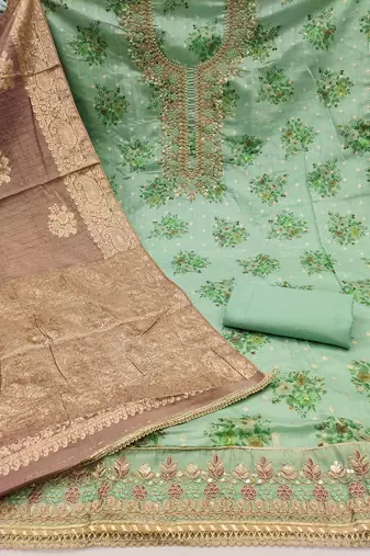 Women's light green weaving digital print handwork mal chanderi dress material