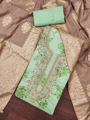 Women's light green weaving digital print handwork mal chanderi dress material 3