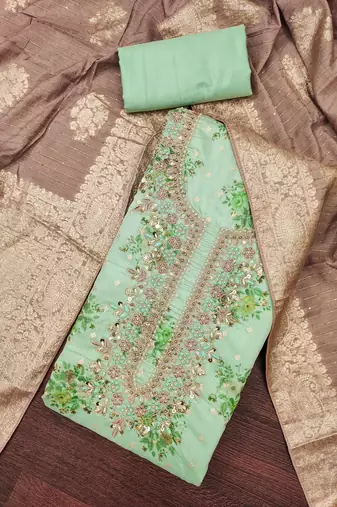 Women's light green weaving digital print handwork mal chanderi dress material