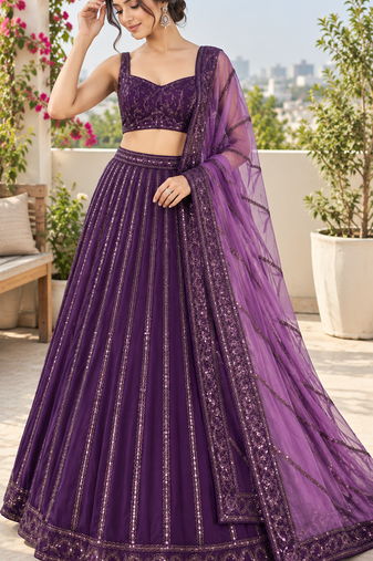 Purple Heavy Sequins and Dori Work Net Party Wear Lehenga