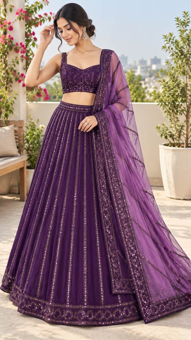 Purple Heavy Sequins and Dori Work Net Party Wear Lehenga