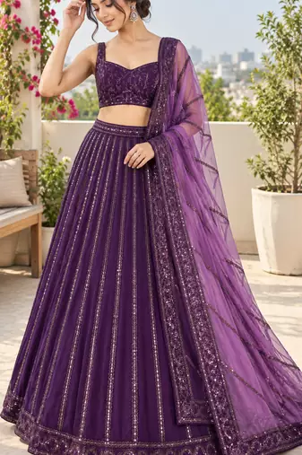 Purple Heavy Sequins and Dori Work Net Party Wear Lehenga