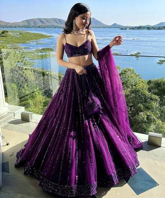 Purple Net Lehenga with Heavy Sequins and Dori Work | Designer Party Wear Wedding Lehenga Choli with Blouse 1