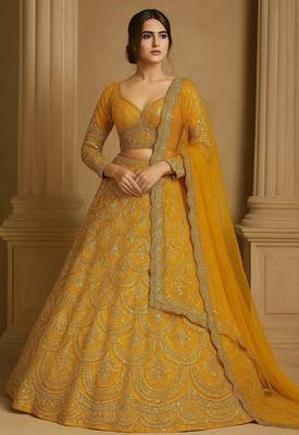 Mustard Yellow Heavy Thai Silk Lehenga with 9mm Sequins and Dori Work | Designer Wedding Wear Lehenga Choli with Blouse 1
