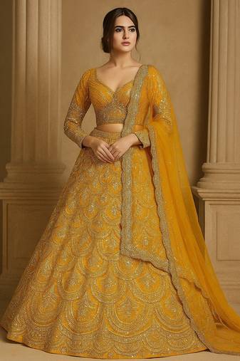 Mustard Yellow Heavy Thai Silk Lehenga with 9mm Sequins and Dori Work | Designer Wedding Wear Lehenga Choli with Blouse